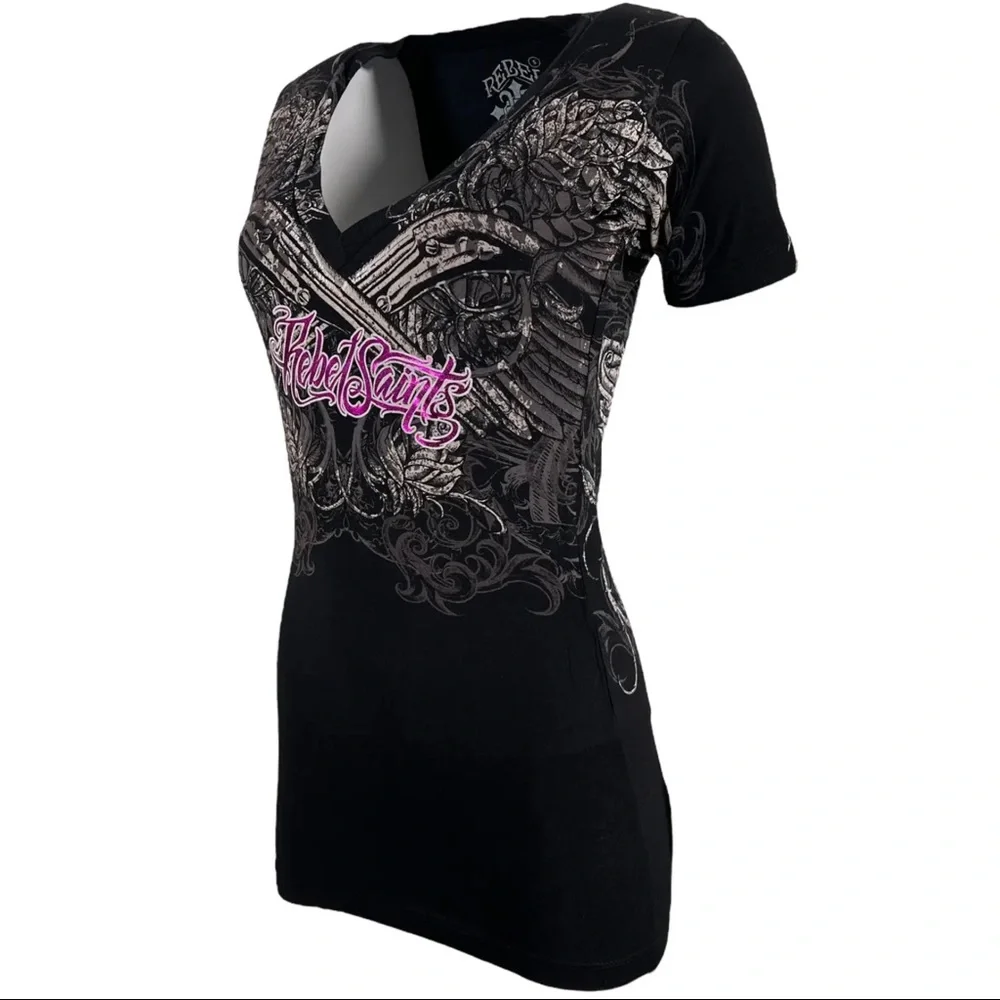 Rebel Saint by Affliction Women's T-shirt Ravenous Biker Tattoo - Picture 5 of 5